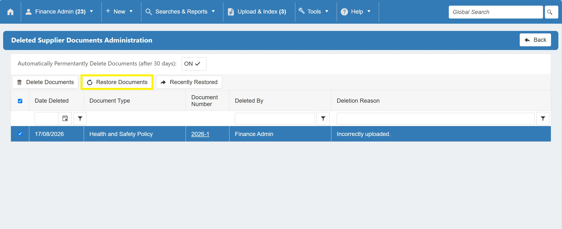 Clicking Restore Documents will restore any selected, deleted documents.
