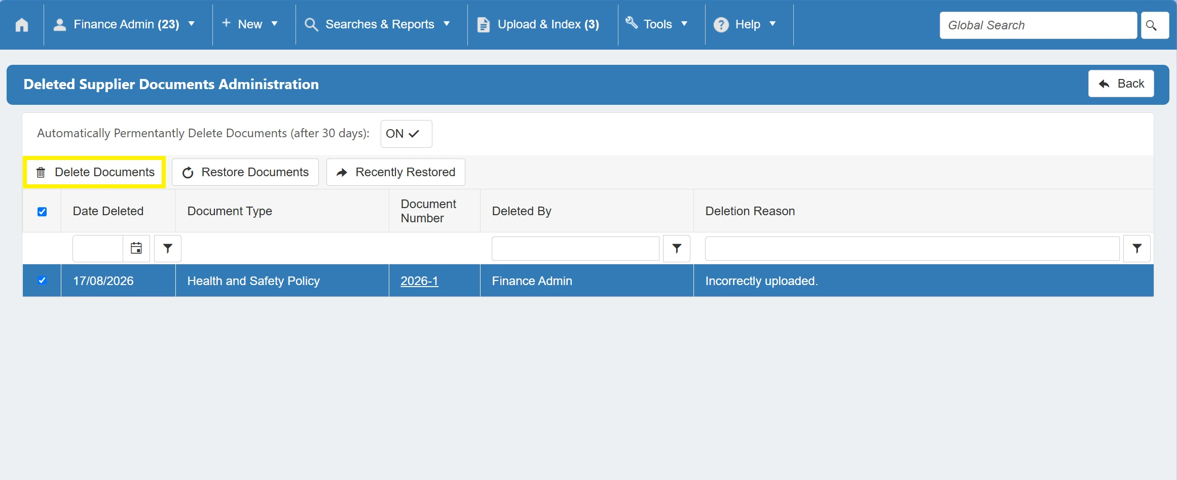 Permanently delete any selected documents by clicking the Delte Documents button.