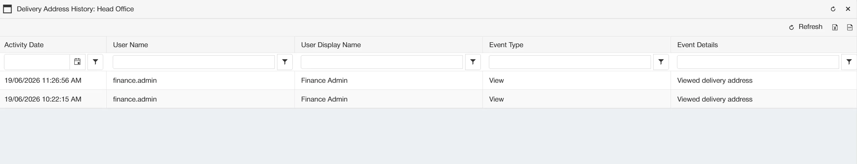 The Delivery Address History Grid contains key information relating to the address.