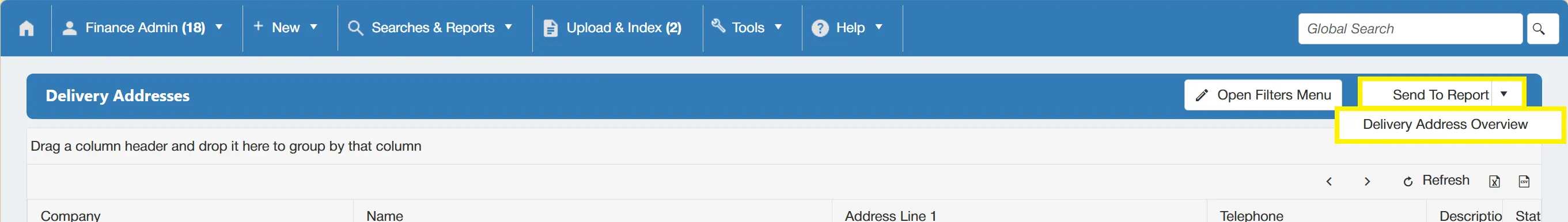 Selecting Delivery Address Overview will send the search results to a report.