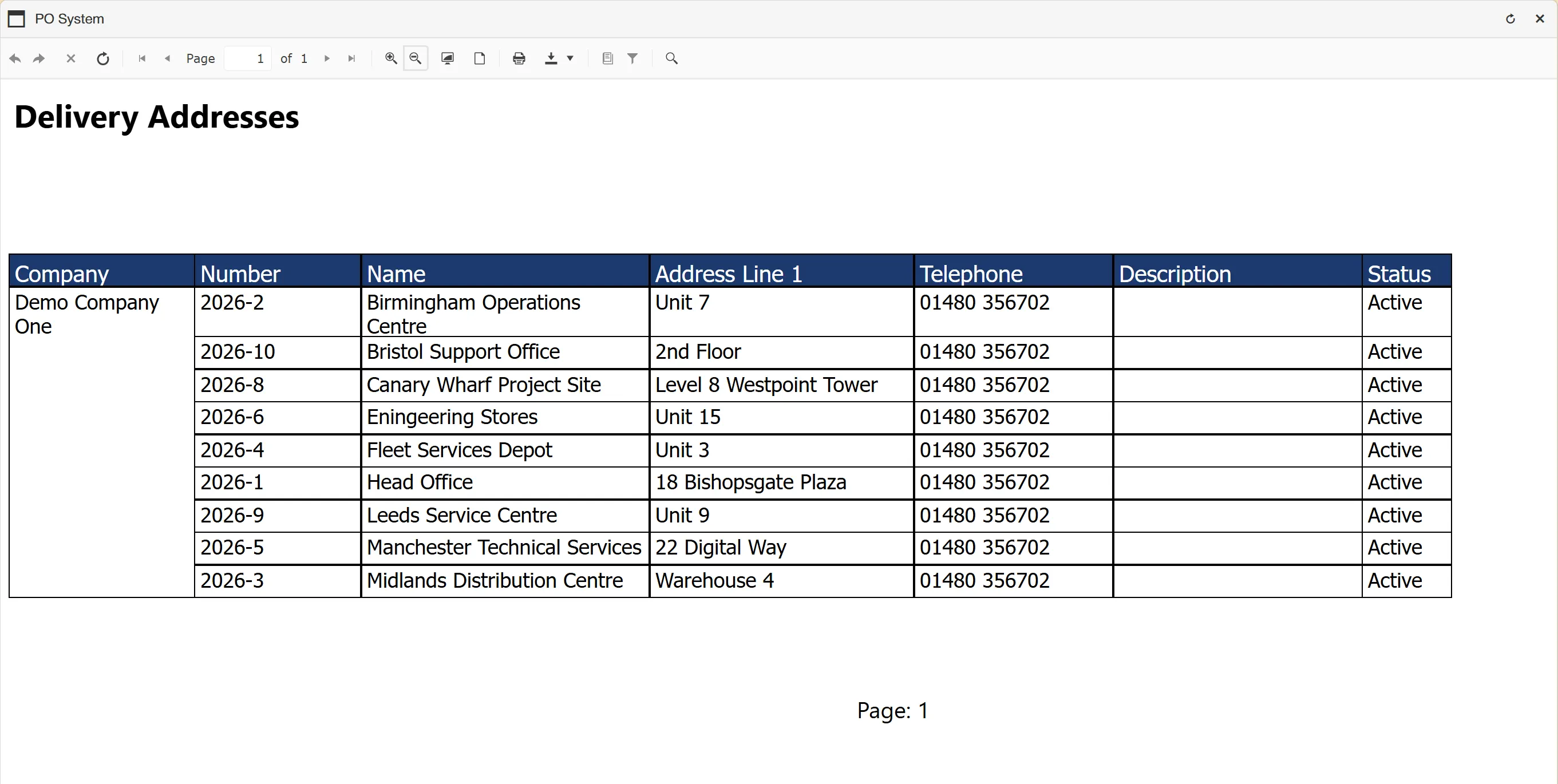 The delivery addresses report displays the addresses in a clear format.