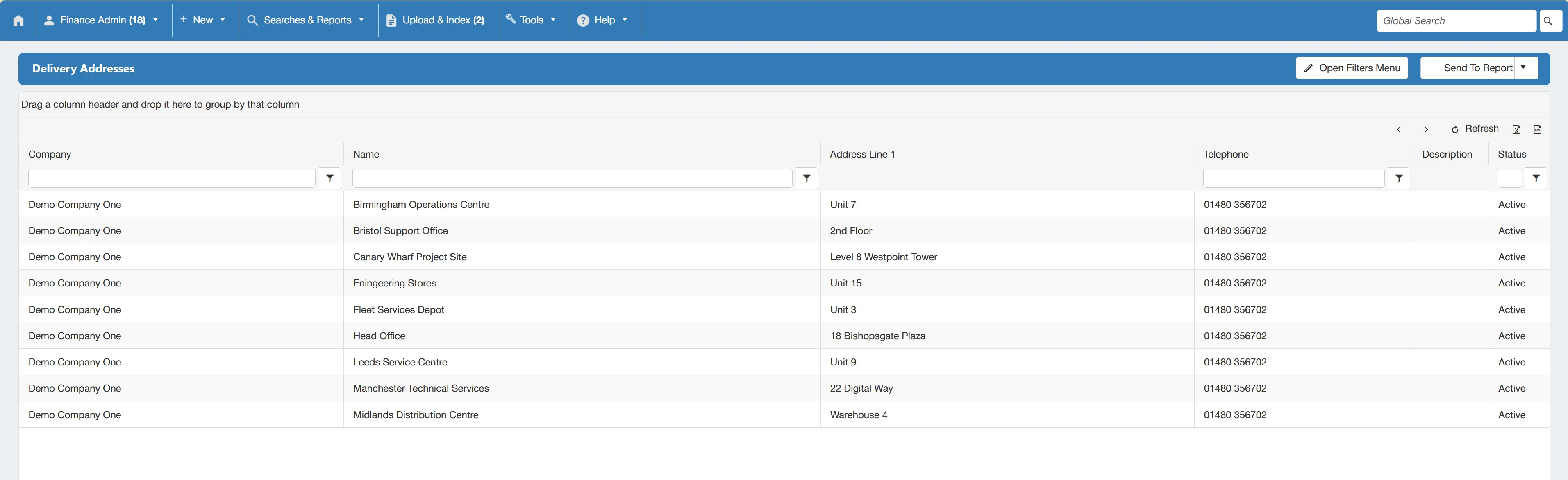 Delivery addresses are displayed in a search results grid consisting of columns.