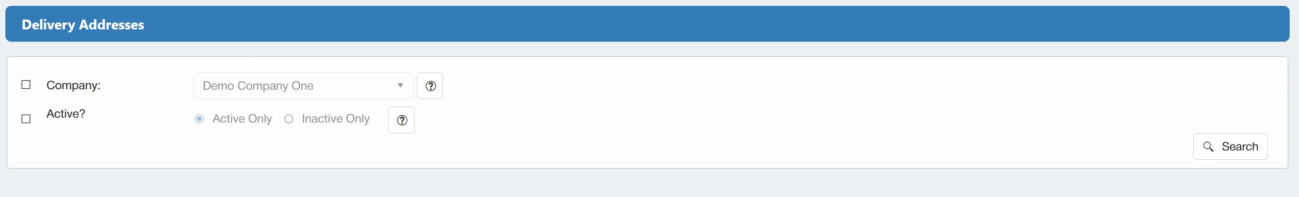 The delivery addresses search can be filtered as required.