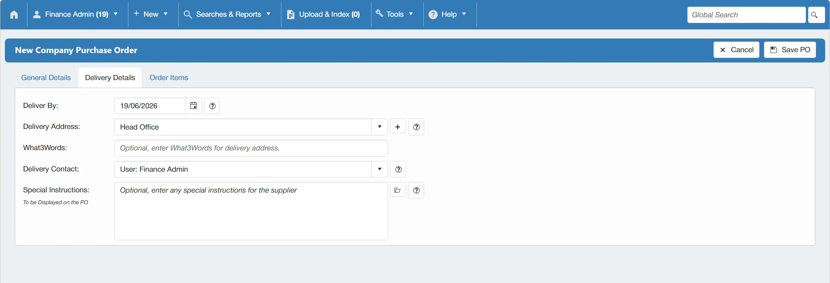 Select Delivery Details to begin specifying delivery information for your purchase order.