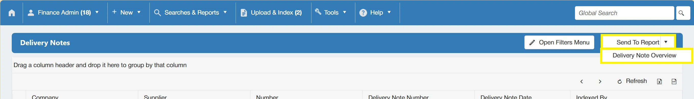 Delivery note search data can be sent to a report for an overview.
