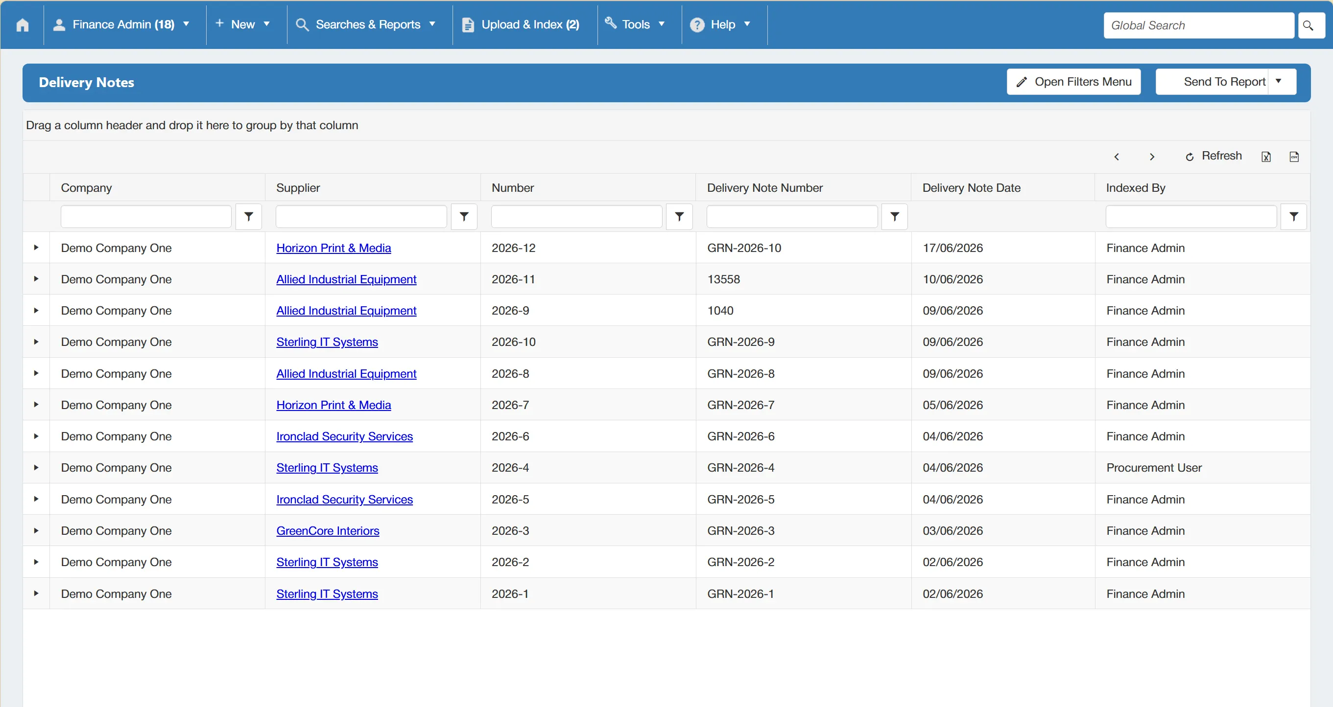 Delivery note search results are displayed in a grid splitting the data across several columns.