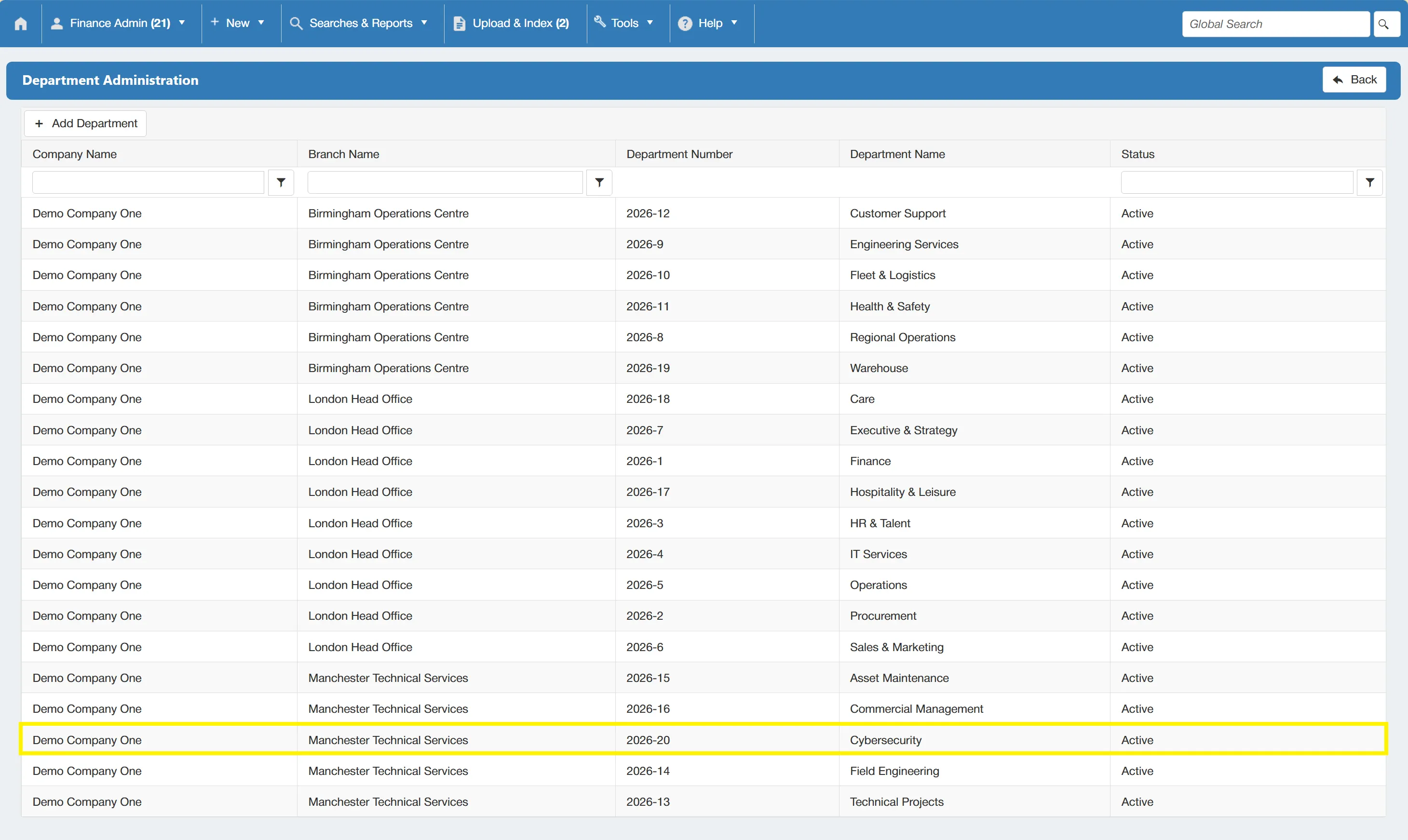 Once saved, your new department will be displayed in the Department Administration grid.