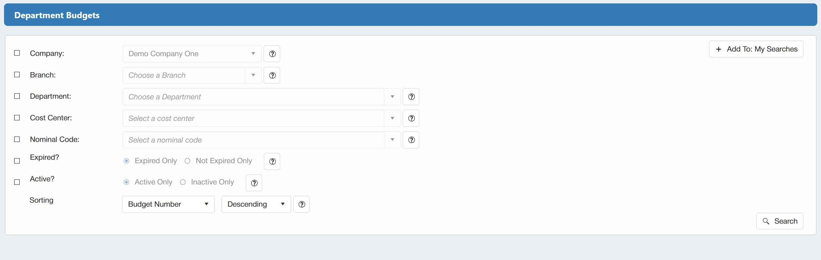 The department budgets search has a number of filters available, allowing users to narrow down the search.