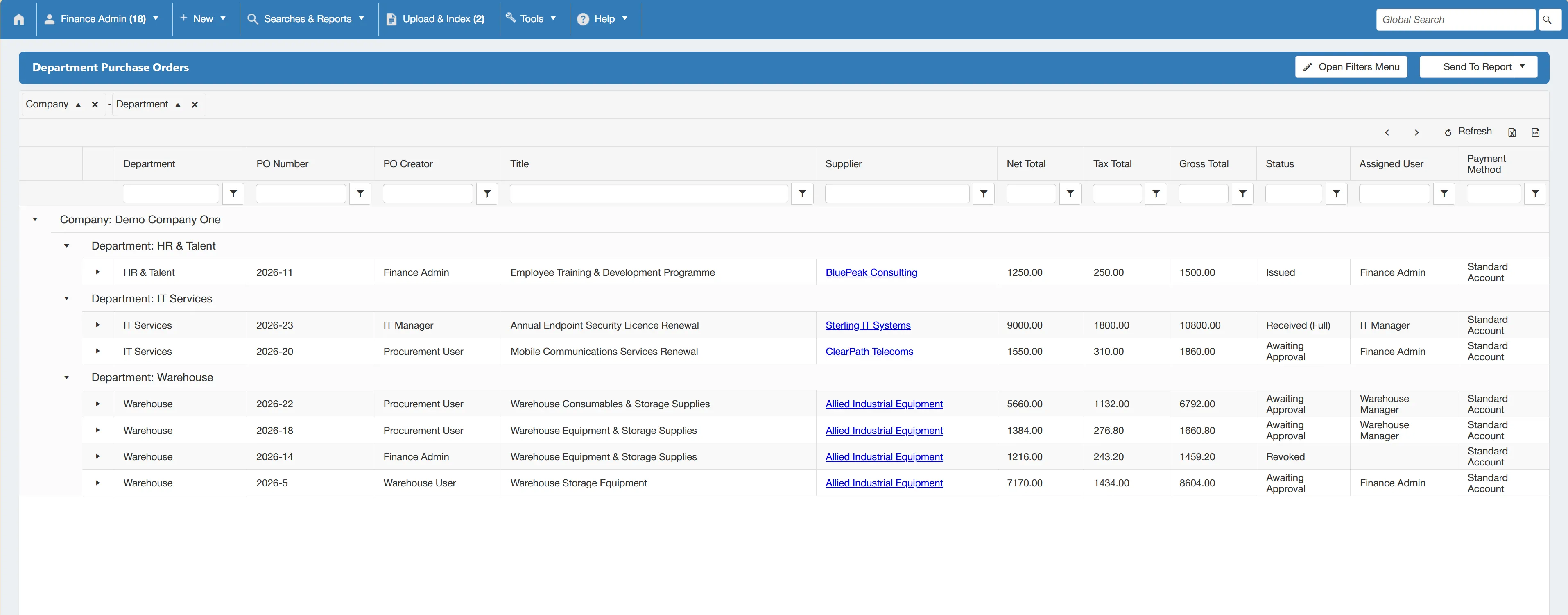 Department purchase order search results are displayed in a grid with various columns.