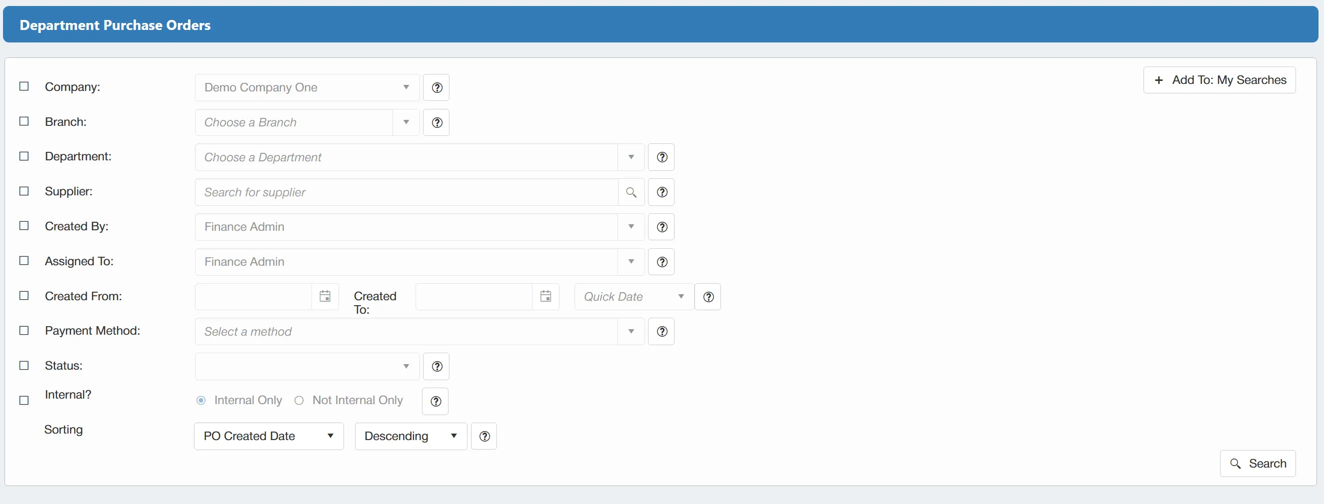 There are a number of filters available for the department level purchase order search.
