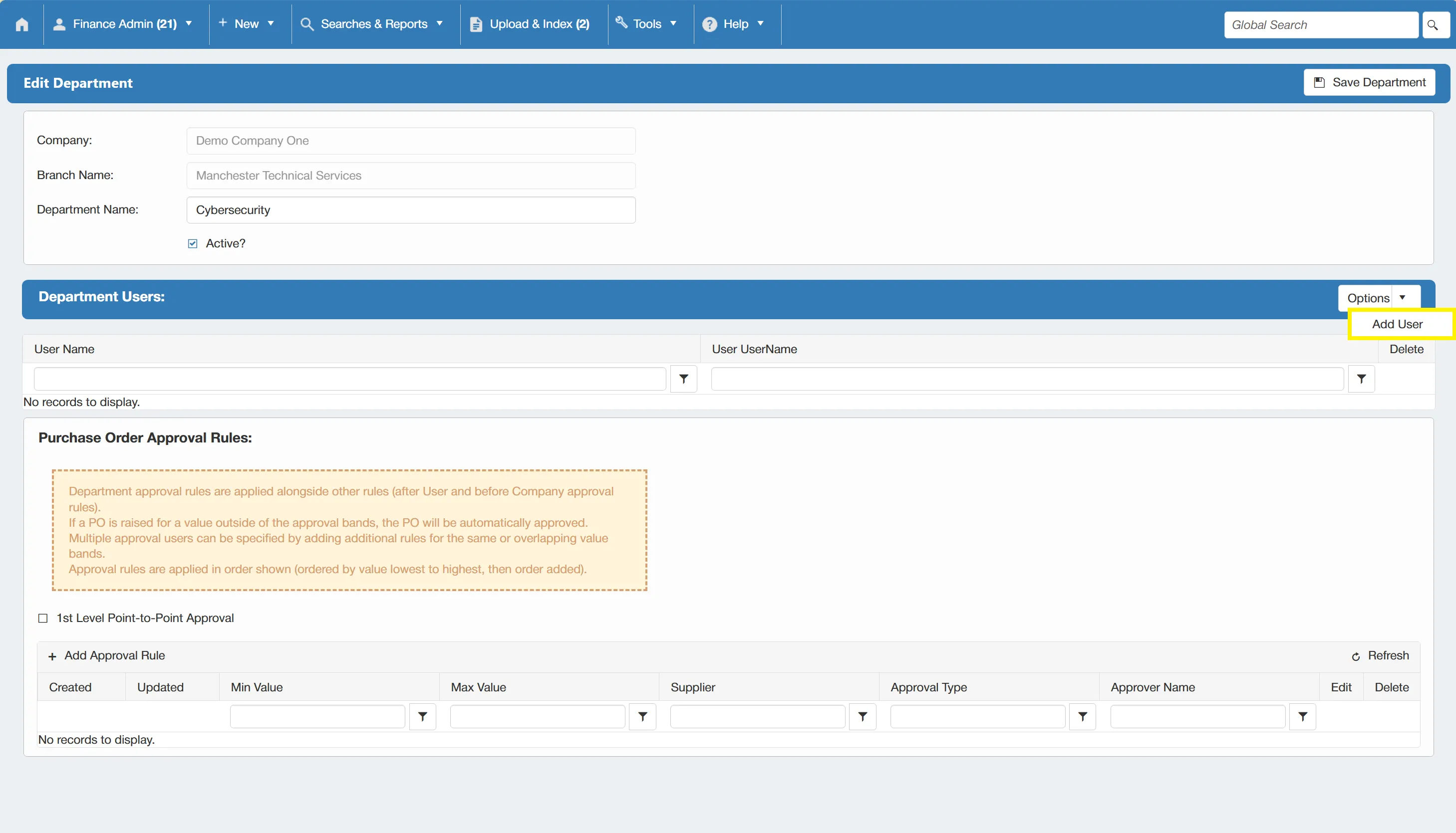 Select Add User to begin adding users to the department.