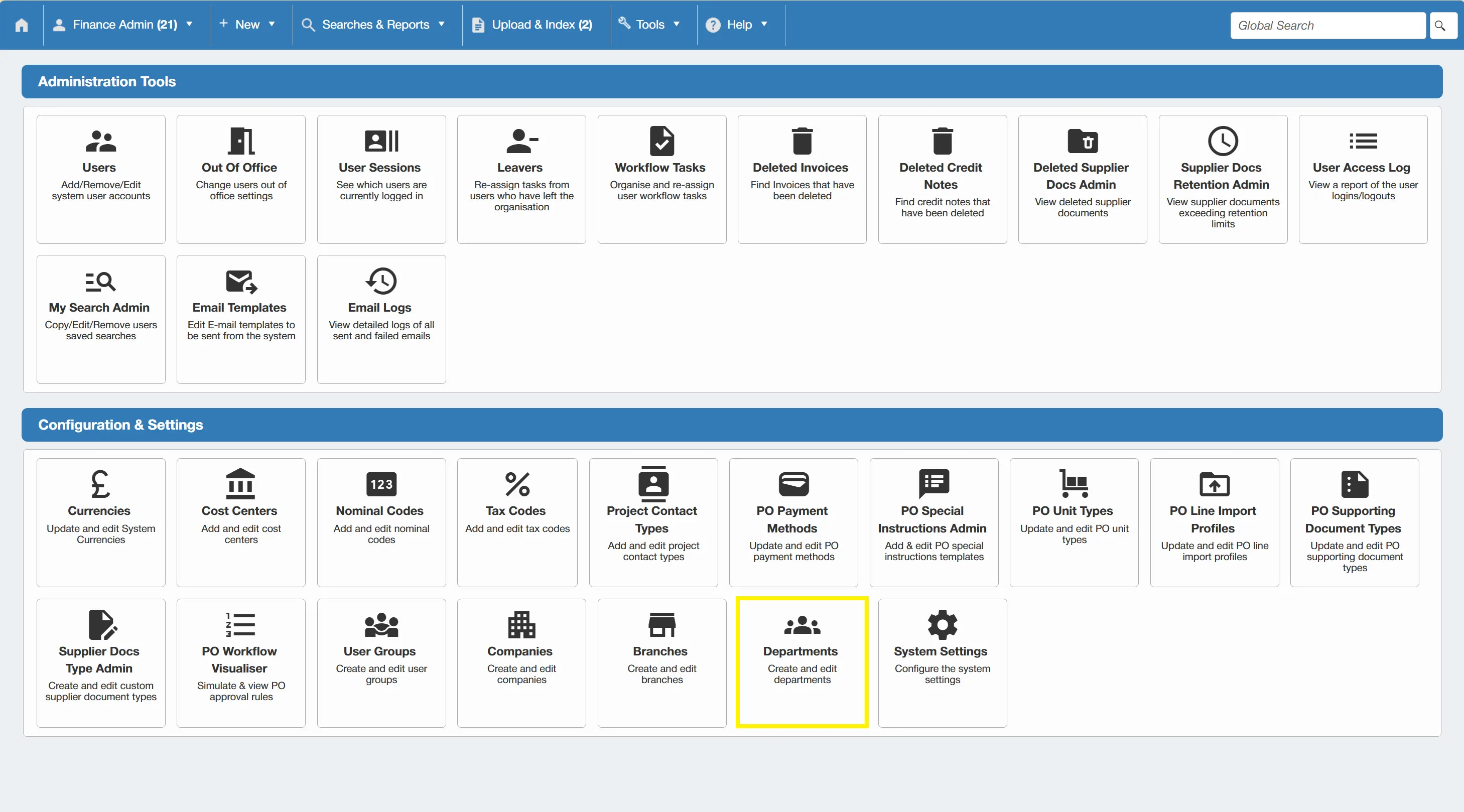 Admin users can edit existing departments and add new ones if required.