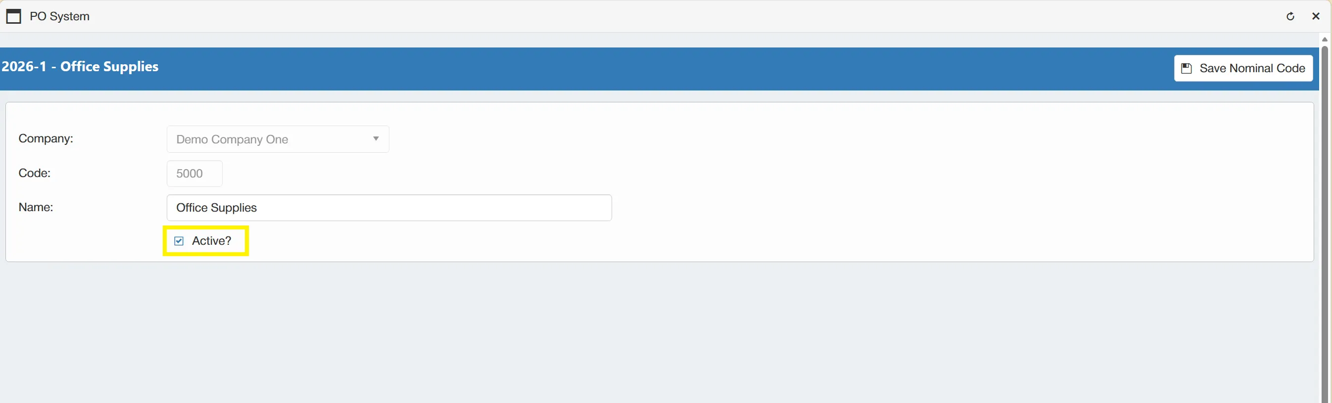 If a nominal code is no longer required, it can be marked as inactive to prevent further use.