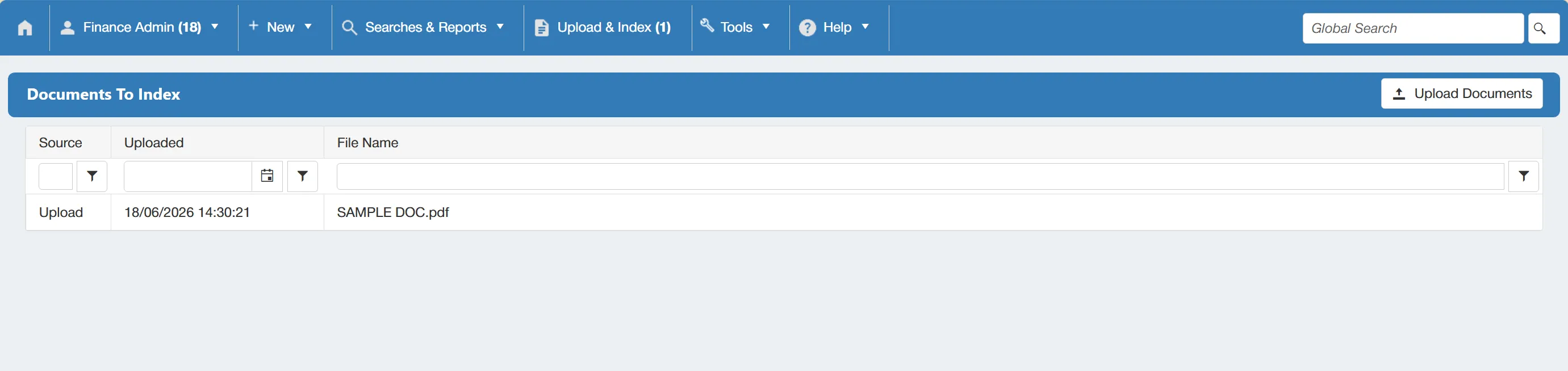 The Documents to Index grid displays any documents that are ready to be indexed within the system.