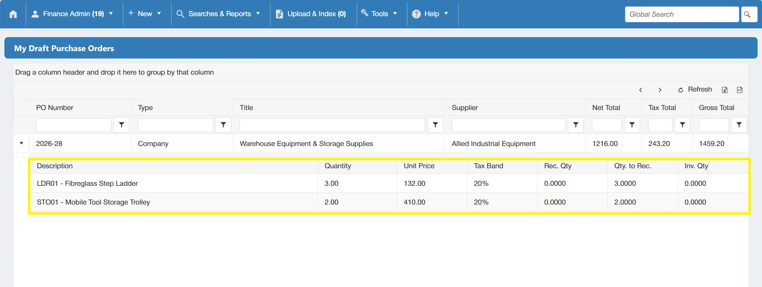 The expanded line shows key information relating to the purchase order lines.