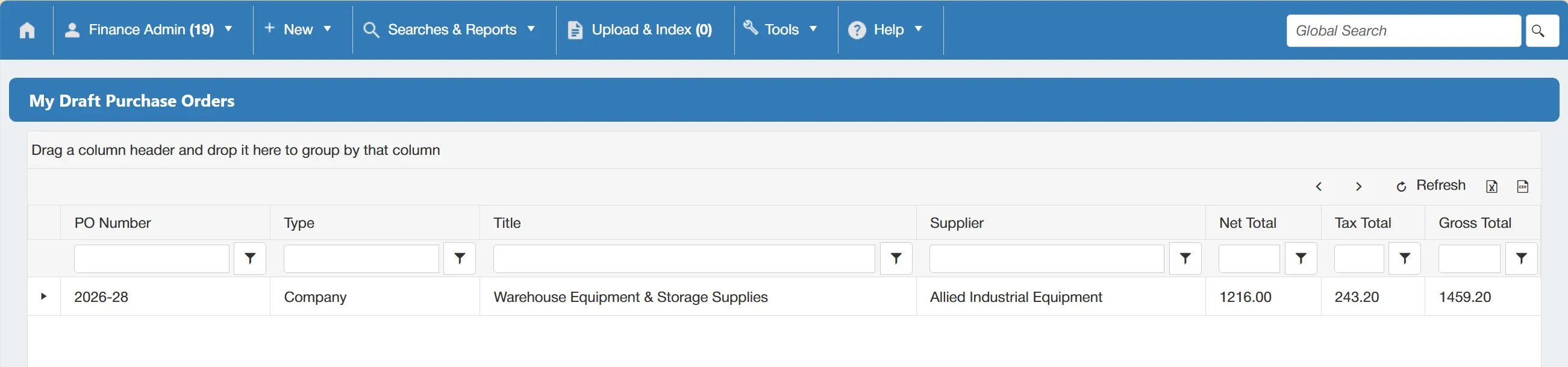 The Draft Purchase Orders grid displays any saved purchase orders that have not yet been submitted for approval.