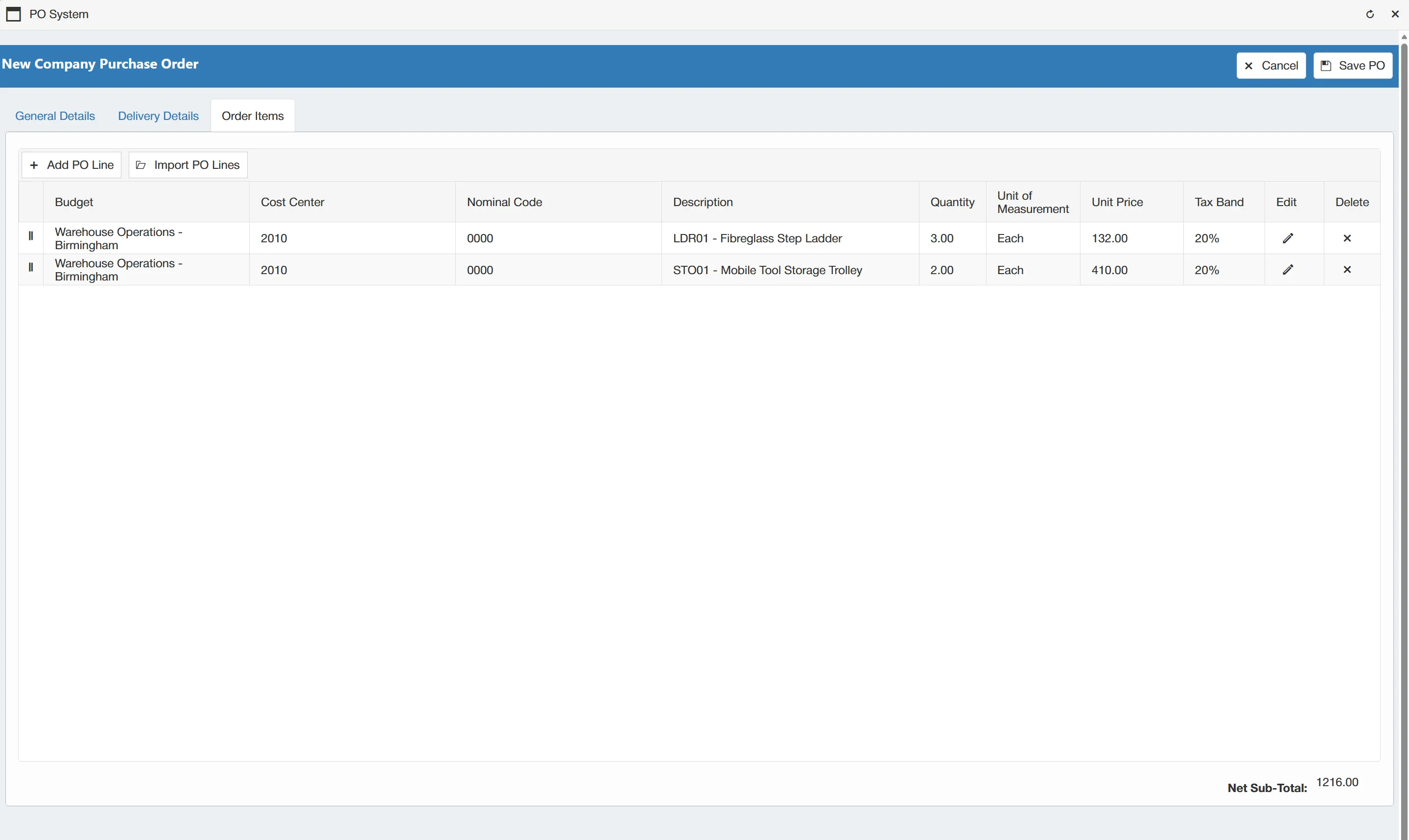 Order items are also carried over from the original purchase order.