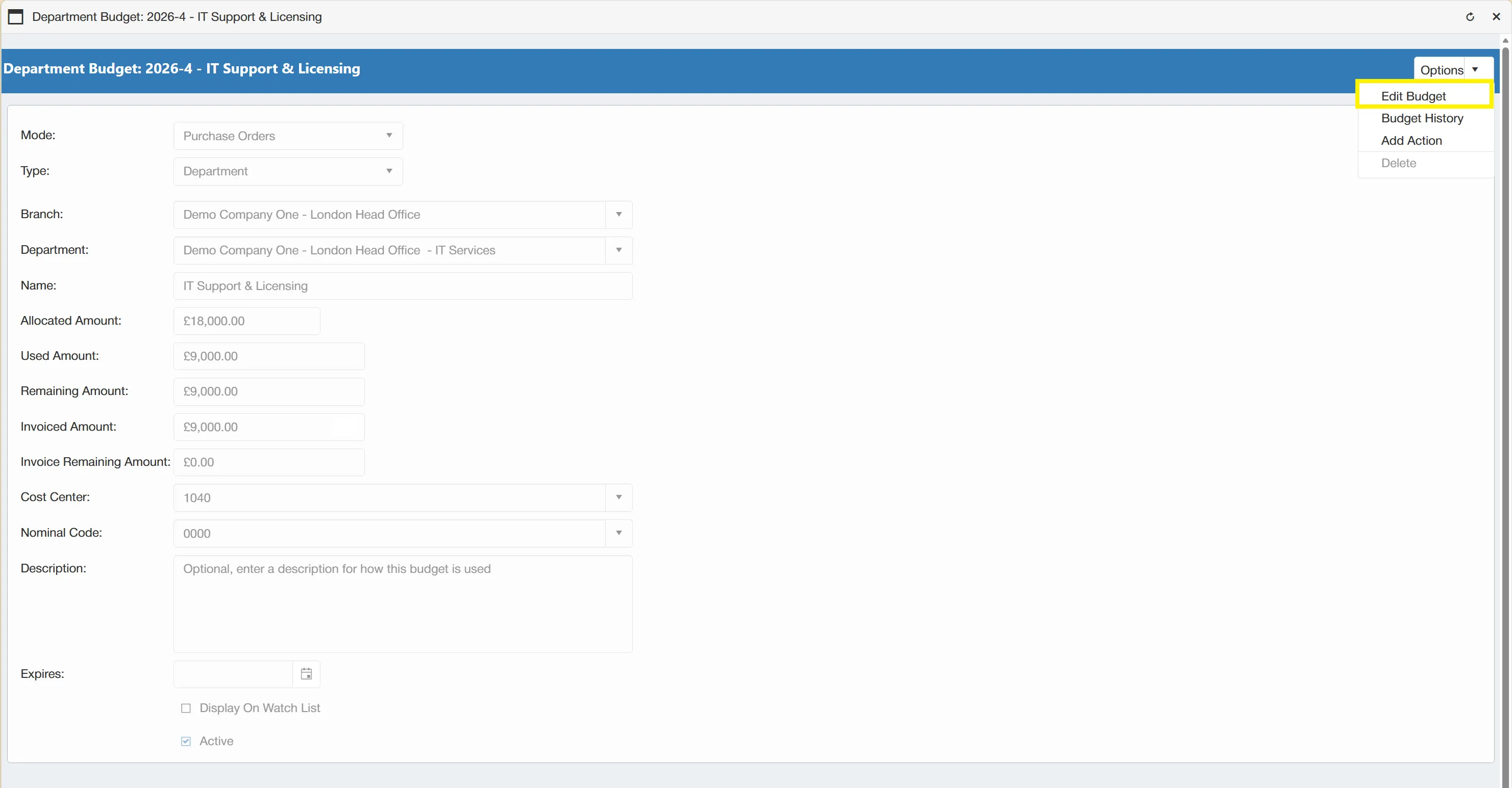 Users with the relevant permissions enabled can edit existing budgets.