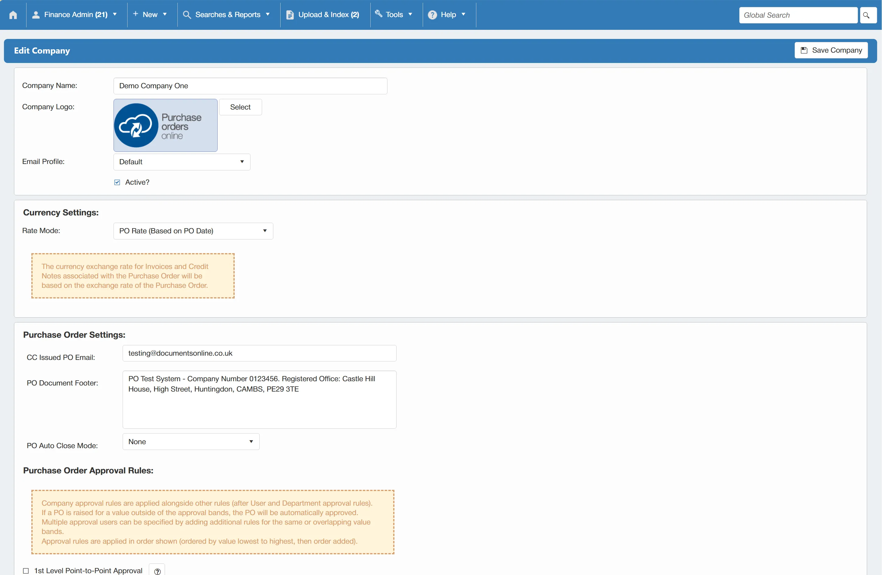 Admin users have the ability to edit existing companies within the purchase order system.