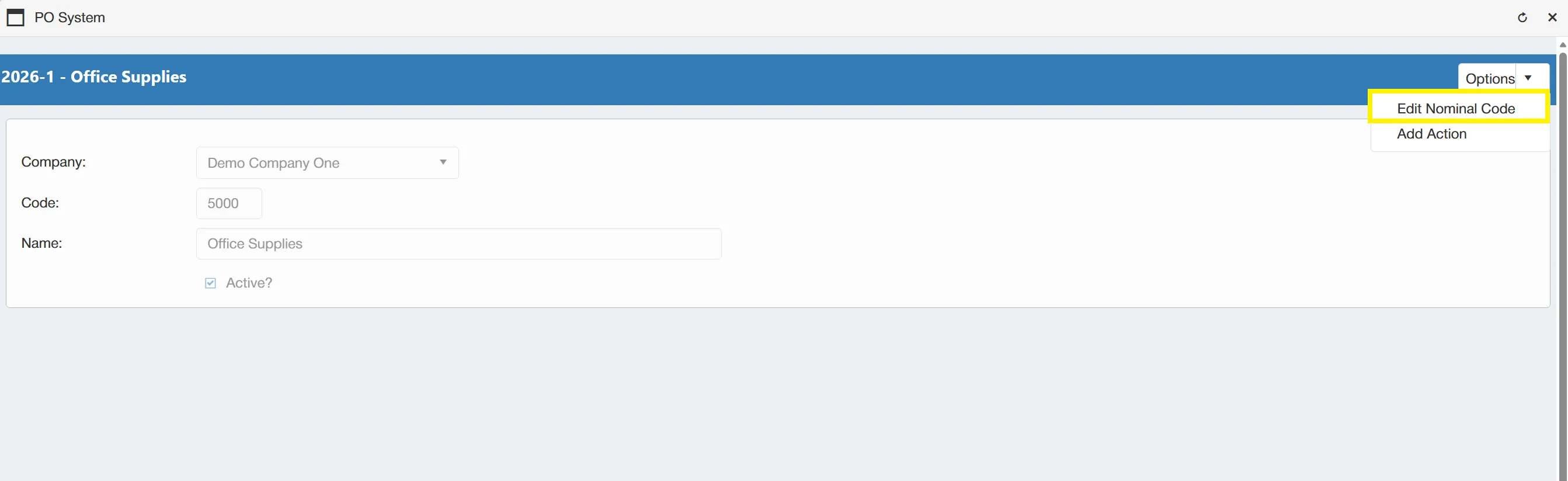 Select Edit Nominal Code to change the details of an existing nominal code.