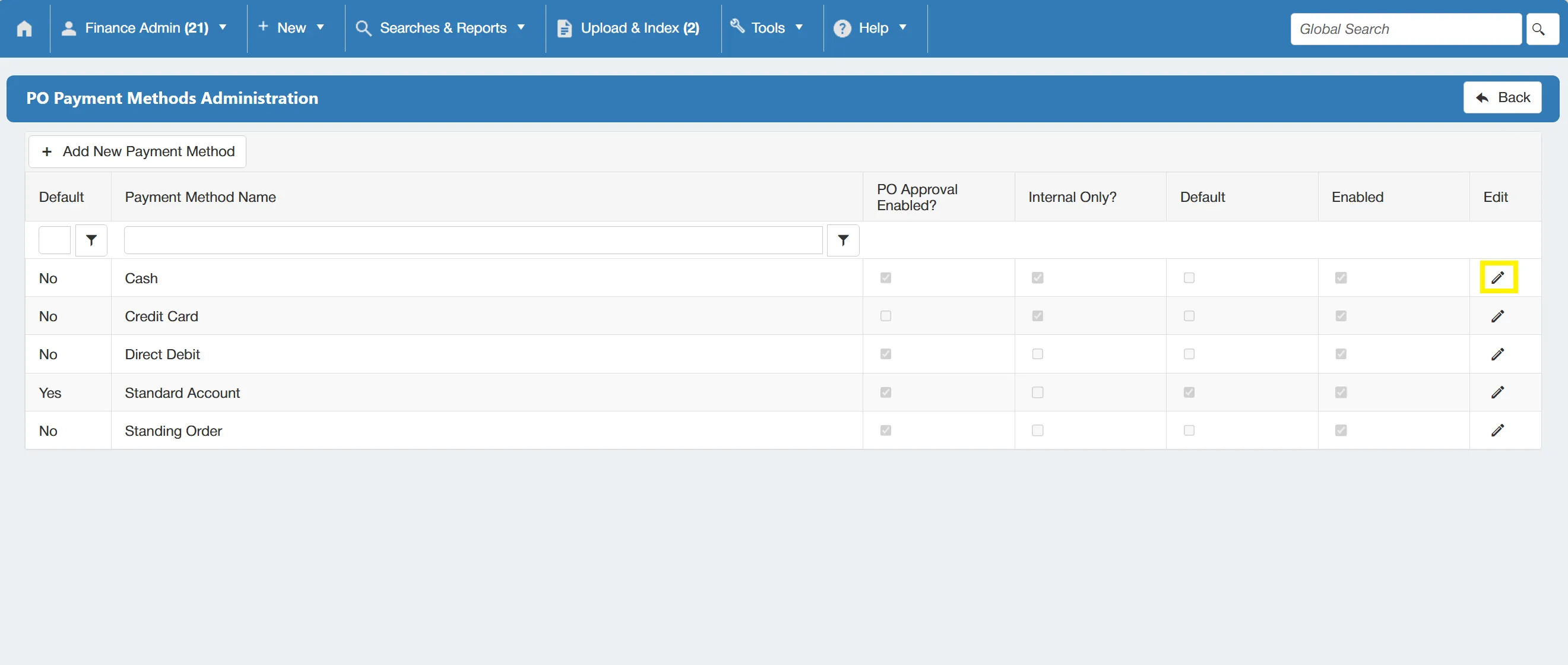 Admin users can edit existing payment methods as required.