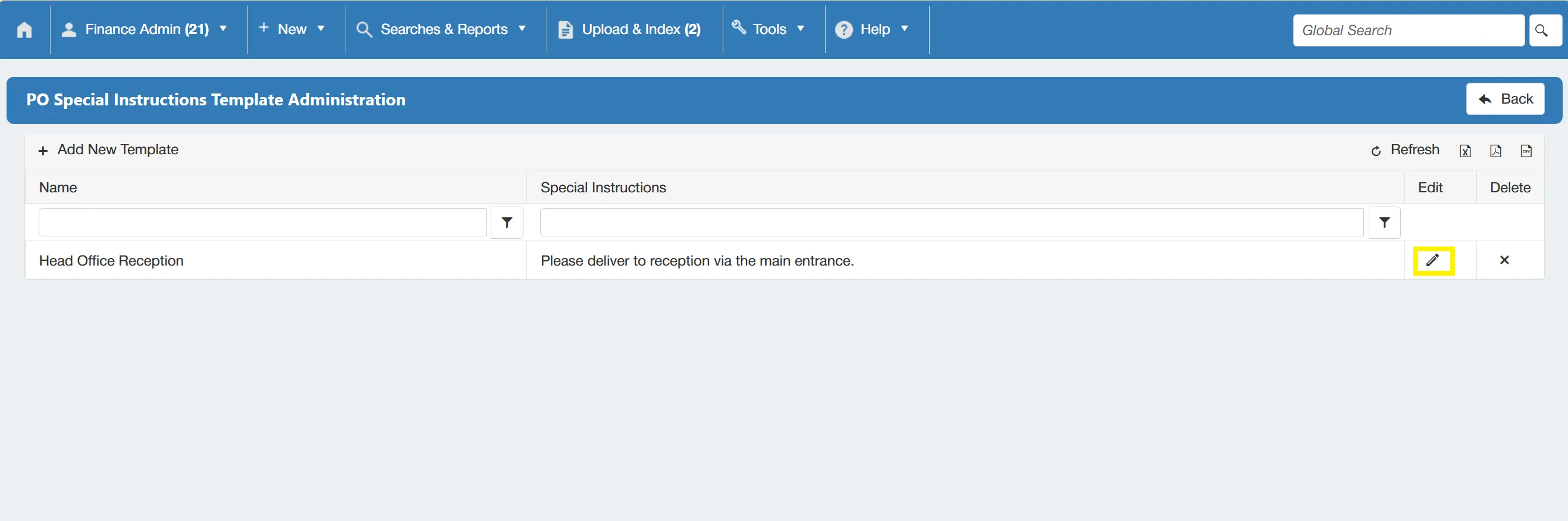 Admin users can edit existing po special instruction templates as required.