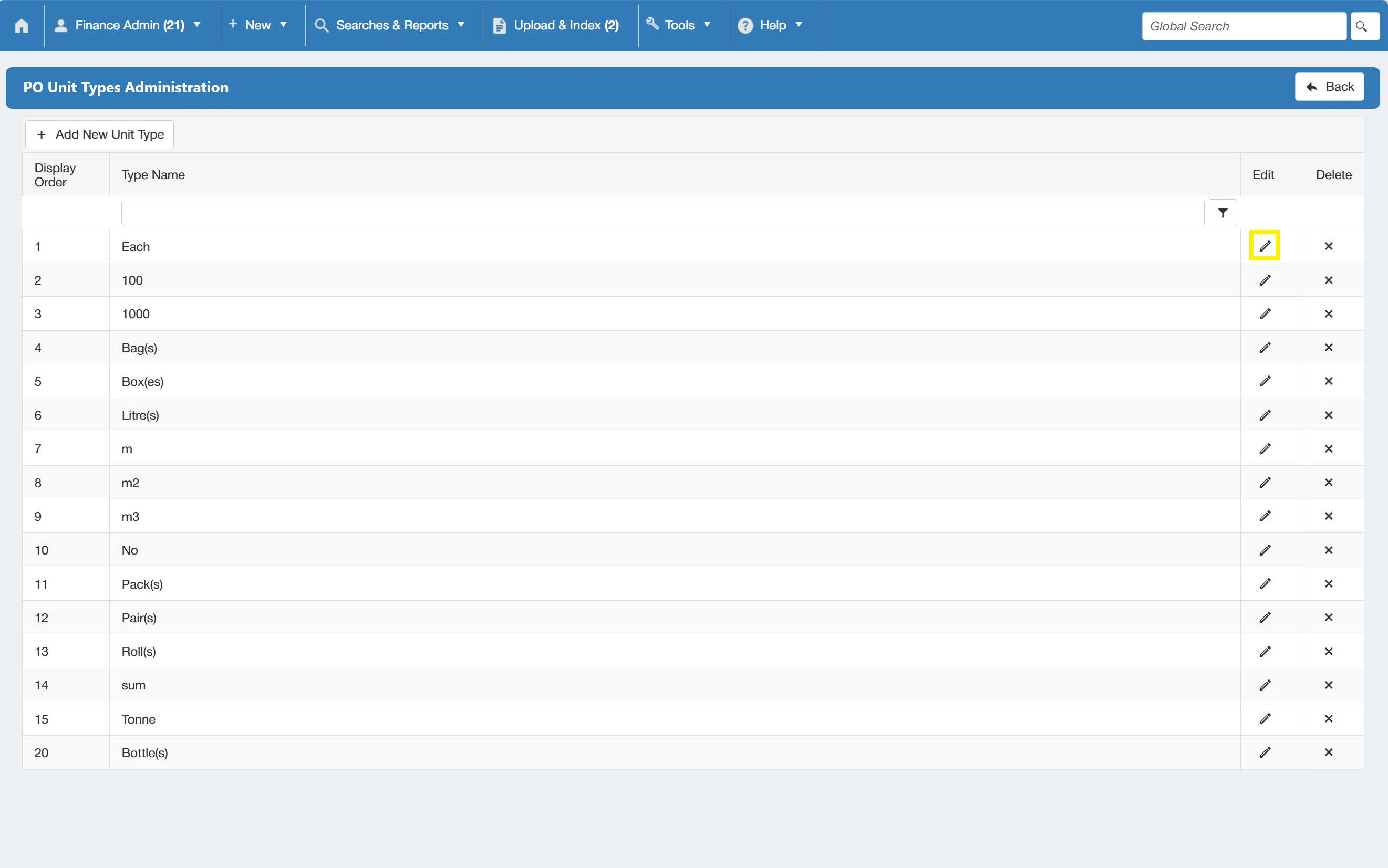 Admin users can edit existing PO unit types as required.