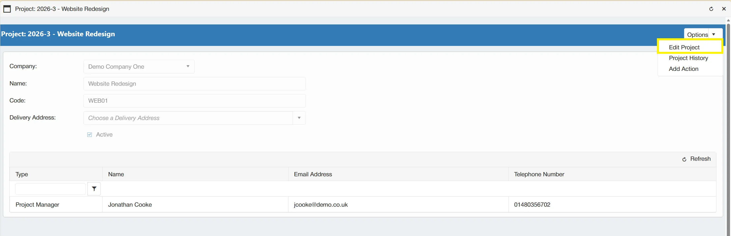 Edit project parameters and details.