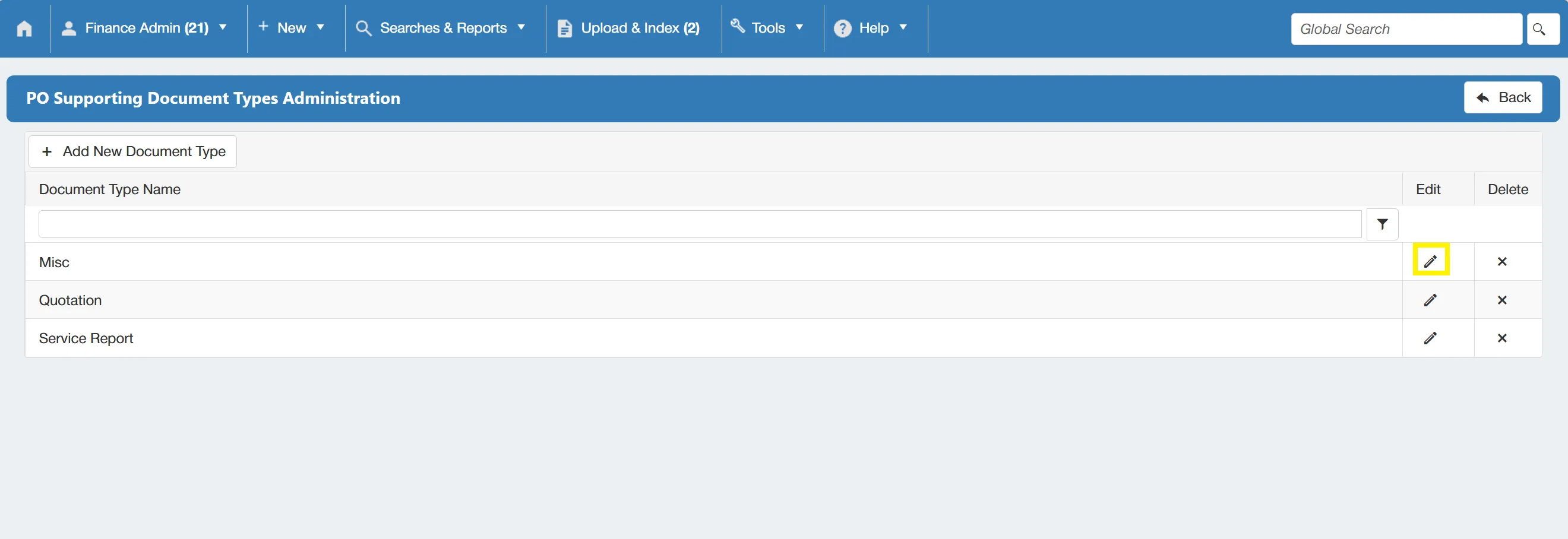 Admin users have the ability to edit existing document types as required.