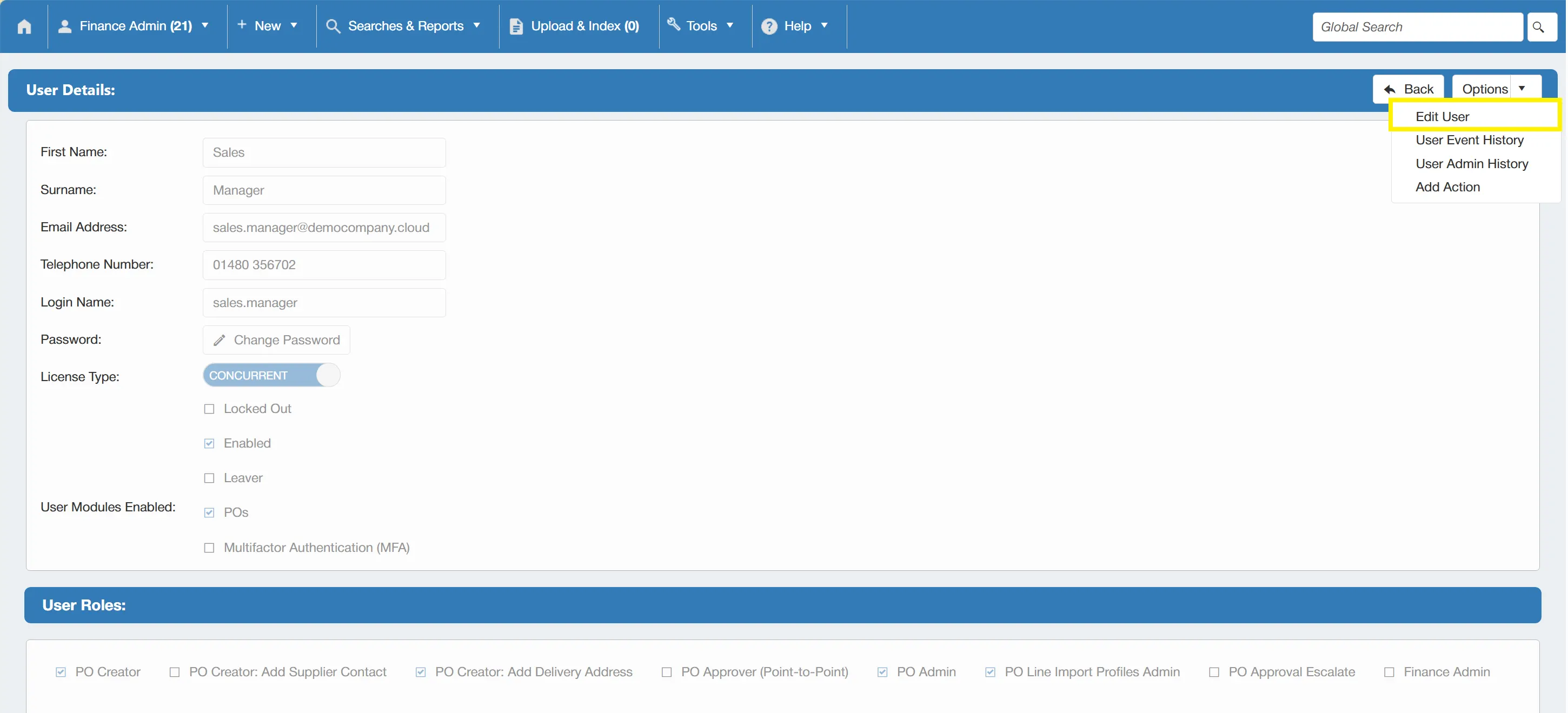 Admin users can edit other users by selecting Edit User from the Options menu.