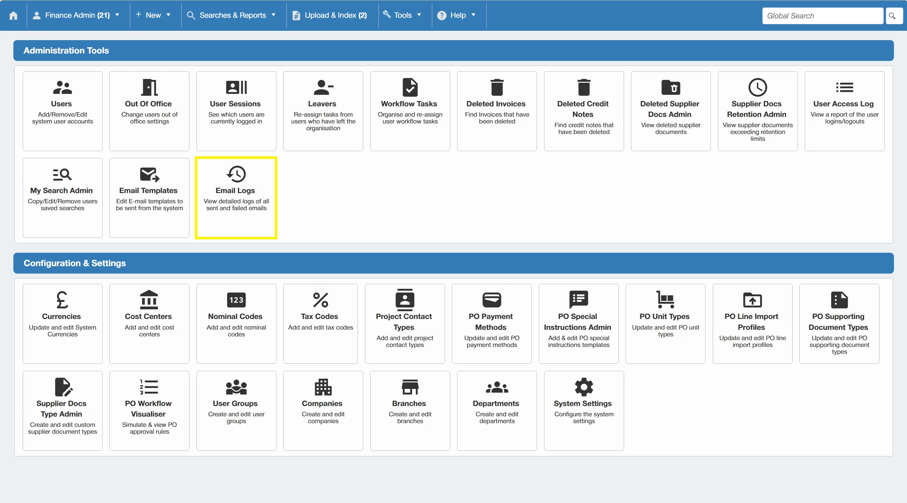 Admin users can view email logs to verify whether an email has been sent from the system.