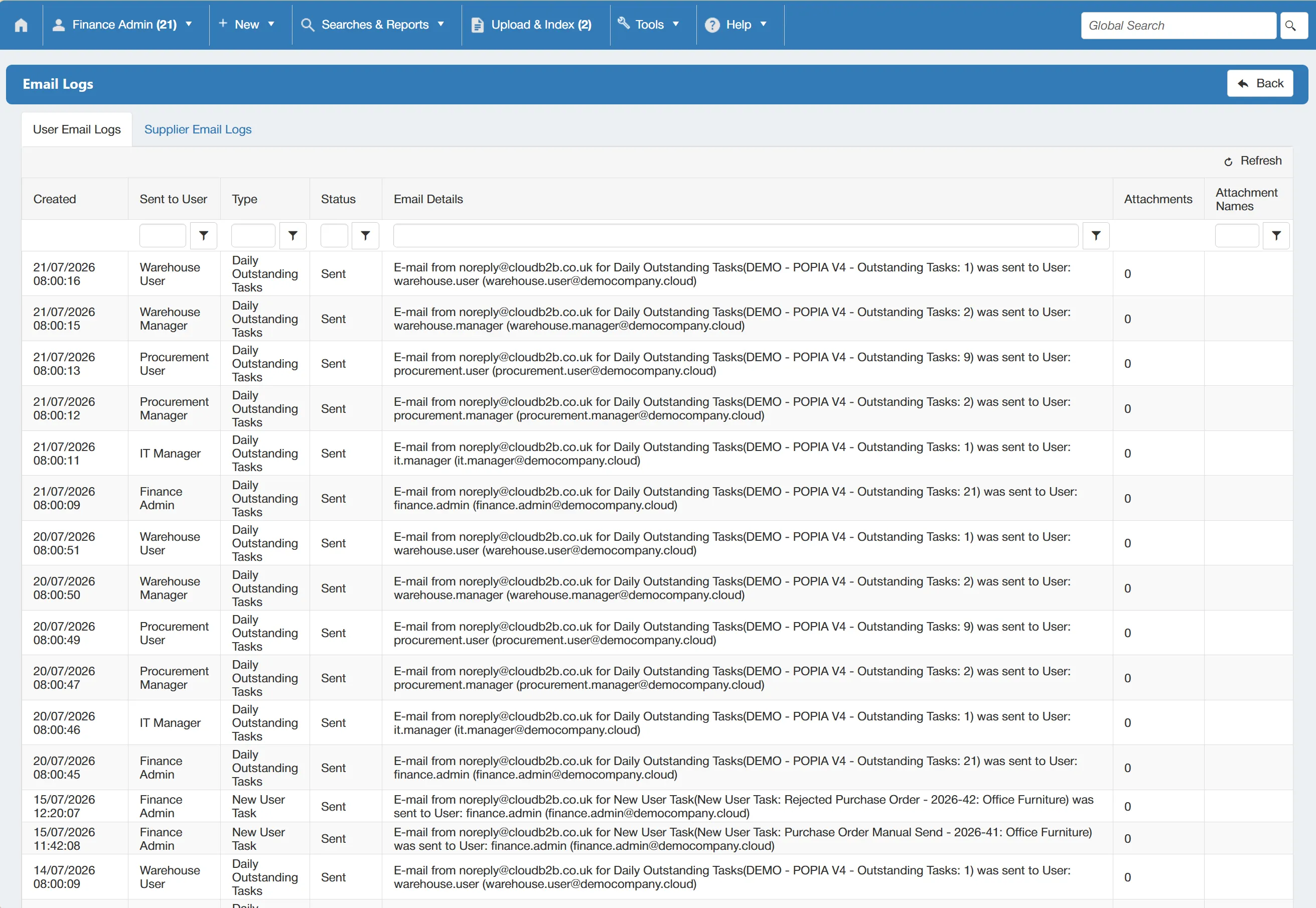 The email logs grid displays key information relating to emails sent from the system.