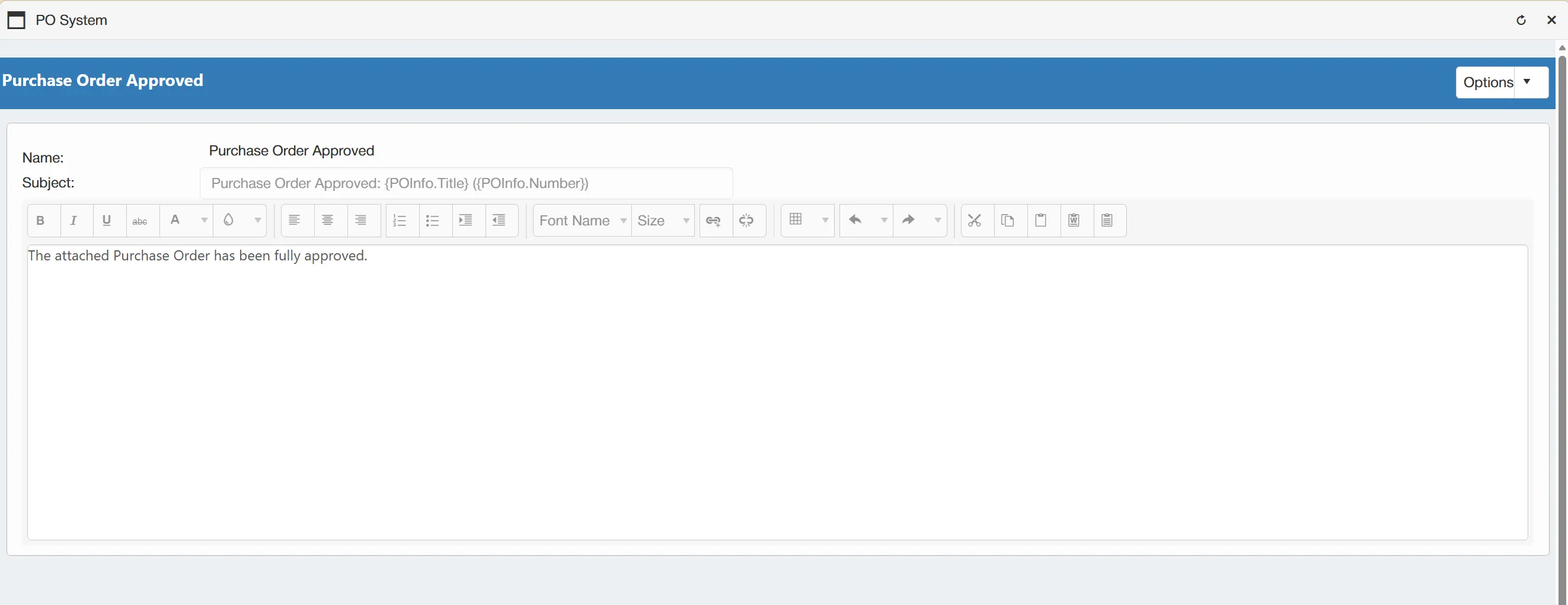 The email template is displayed in a read-only state.