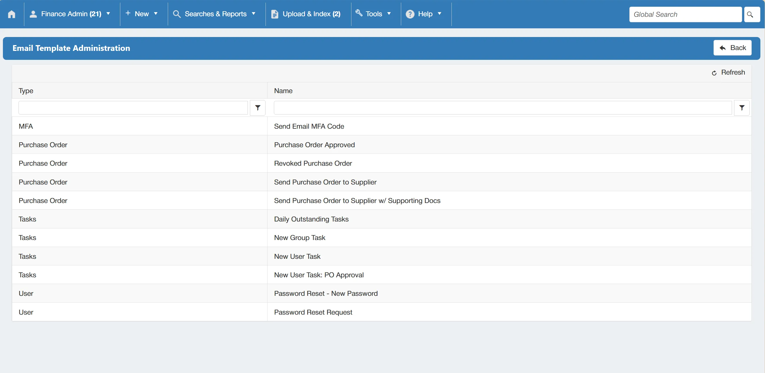 The email templates grid shows all email templates within the system.