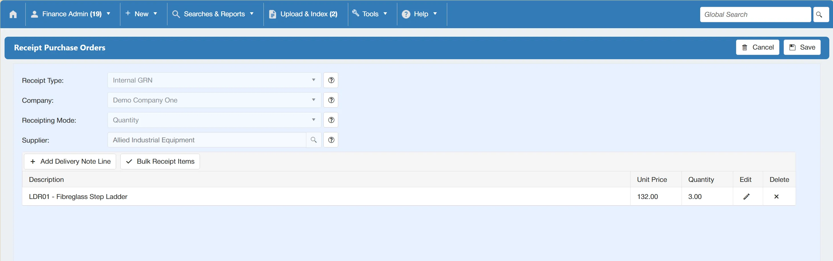Select Insert Line to commit the items to the goods received note.