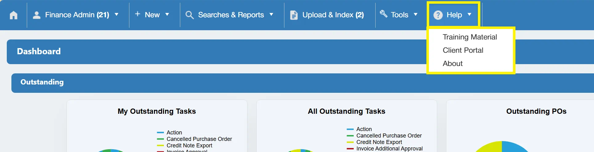 The Help section contains training material and access to the support portal.