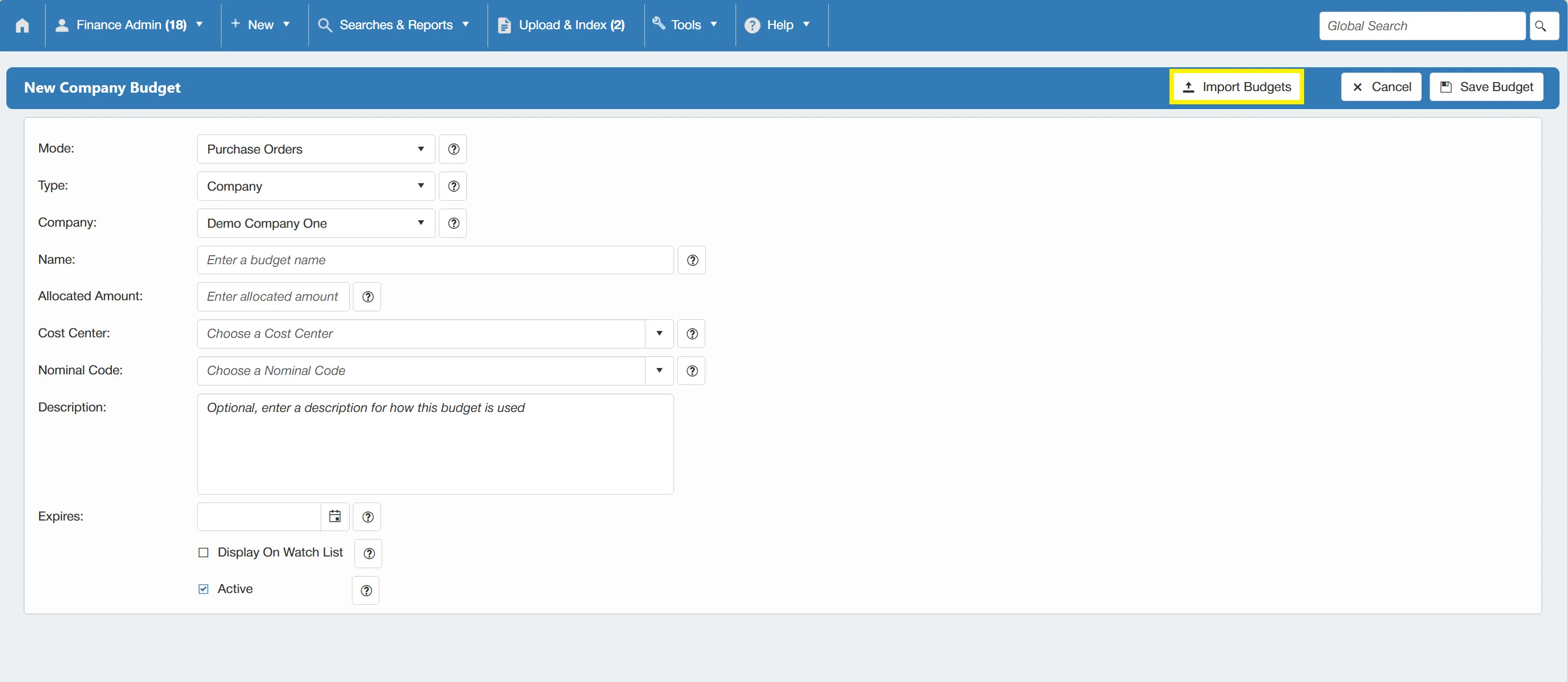 The purchase order system allows users to import budgets in bulk.
