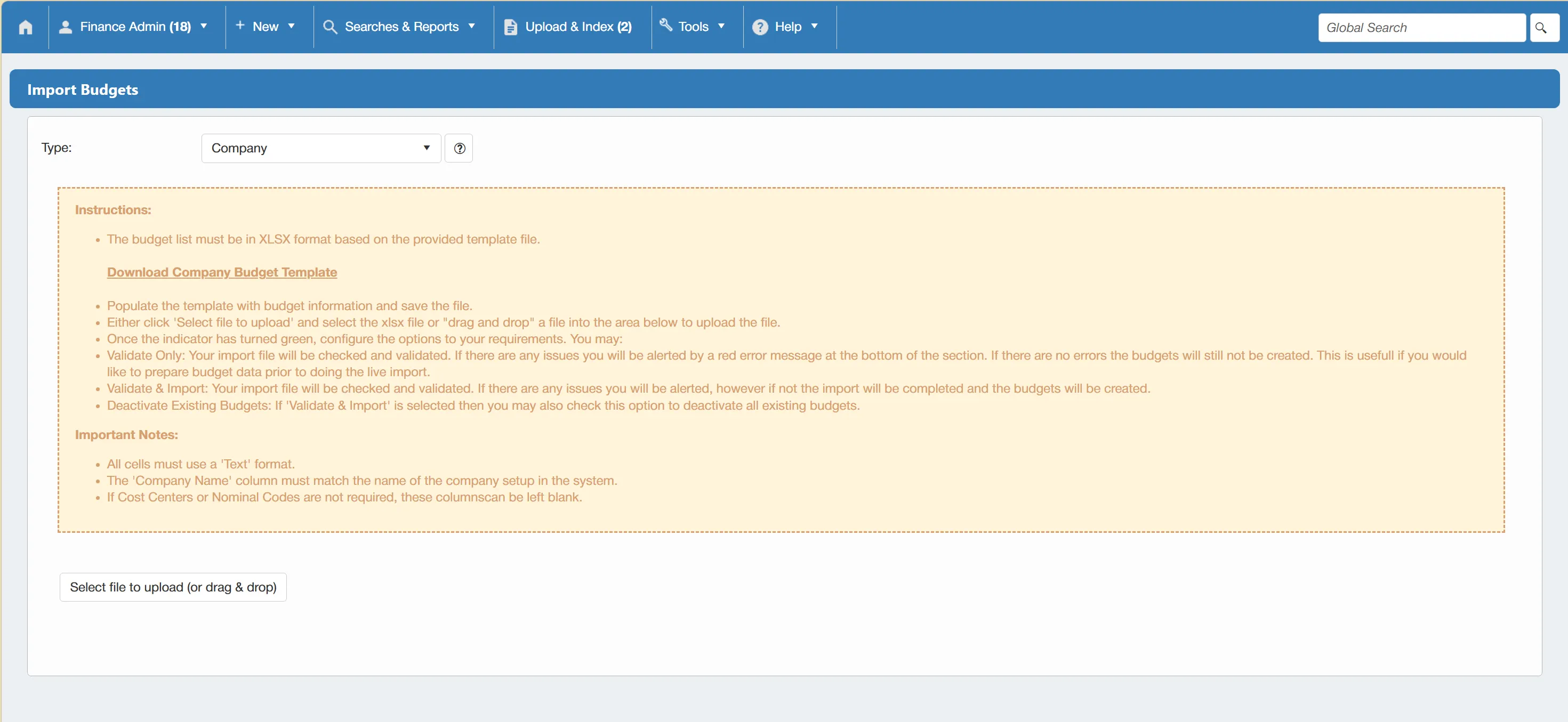 The system provides a guide showing users how to import budgets.