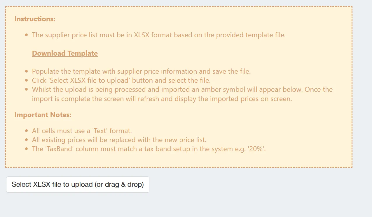 Users have the option to bulk-import supplier prices for efficiency.