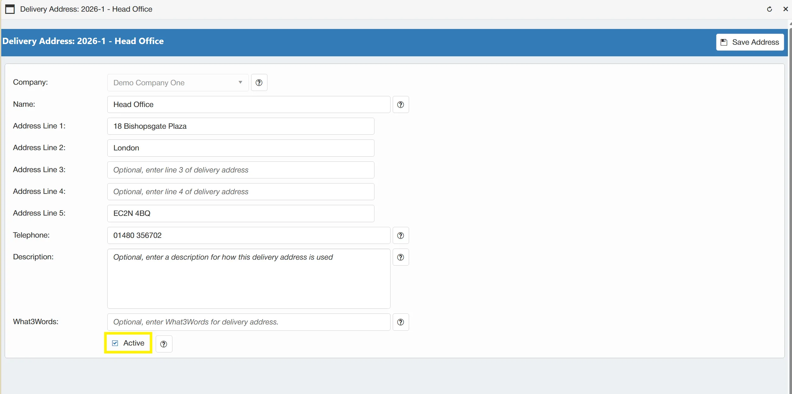 Mark a delivery address as inactive by ensuring that the Active box is un-ticked.