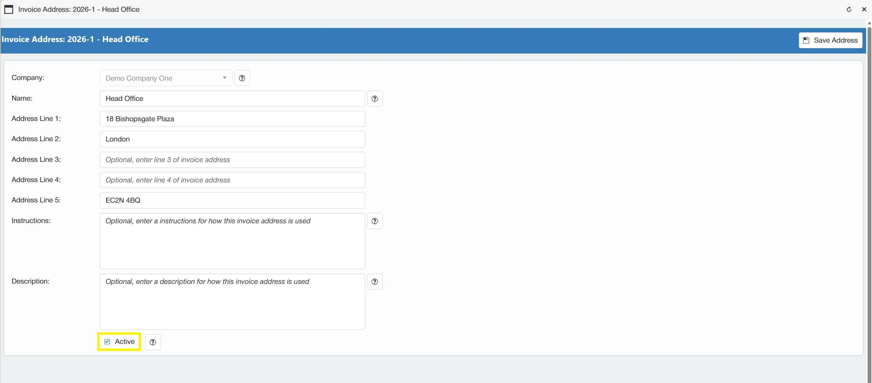 Mark an invoice address as inactive by ensuring that the Active box is un-ticked.