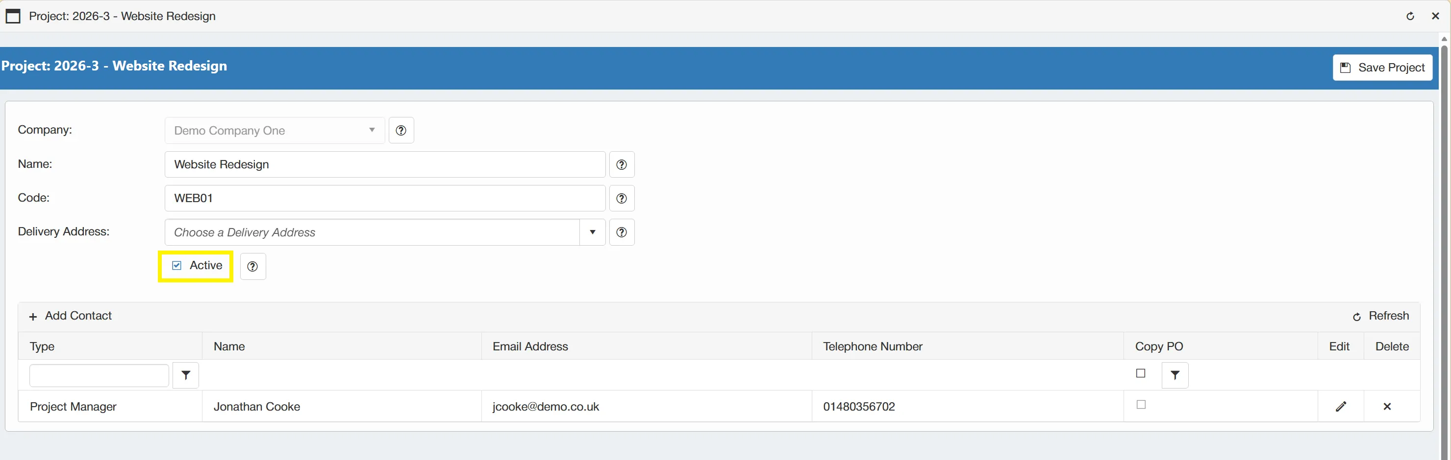 Mark a project as inactive by ensuring that the Active box is un-ticked.