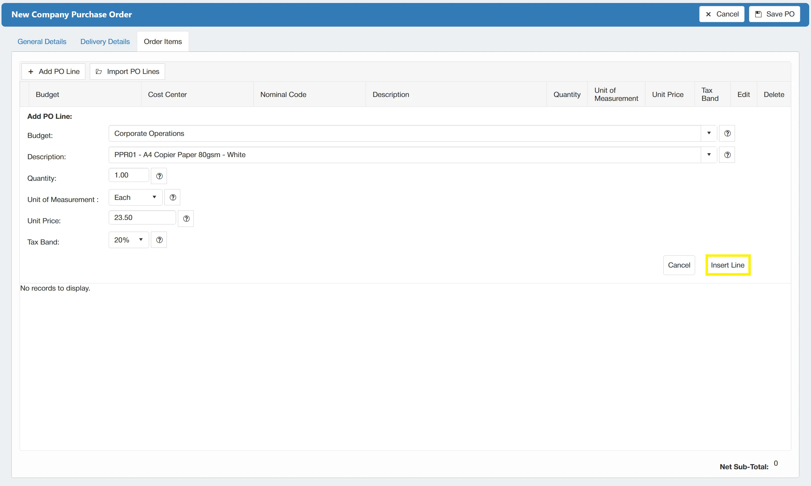 Selecting the Insert Line button commits your item to the purchase order.
