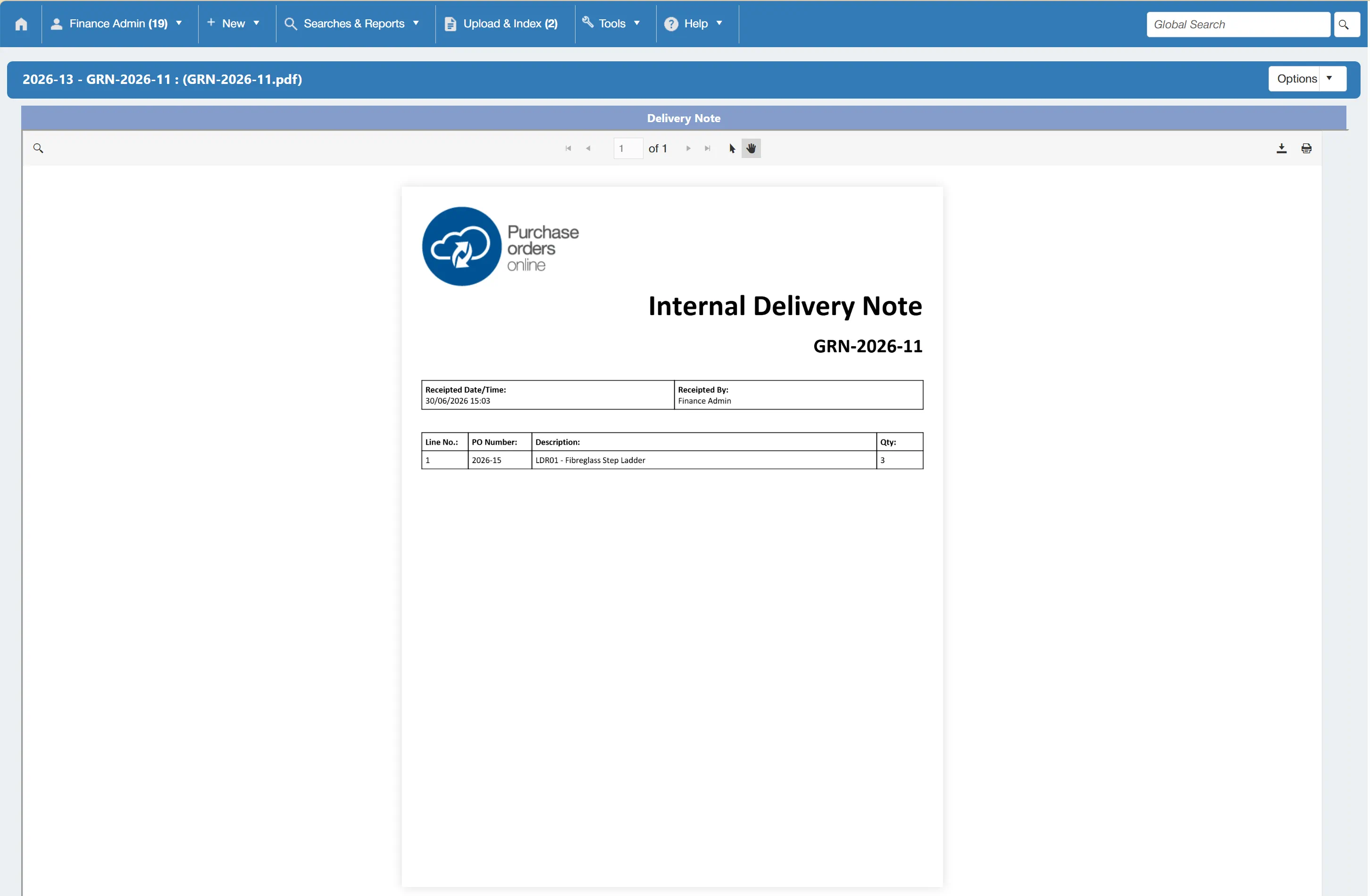 The system generates an internal delivery note which can be downloaded if required.