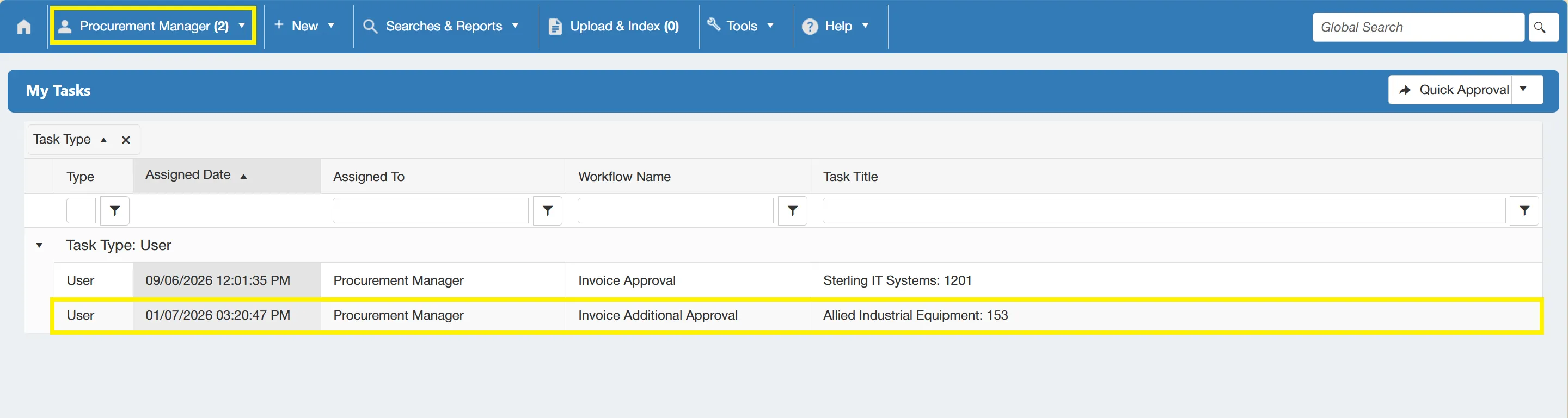 Invoice Additional Approval Task Invoice Additional Approval tasks are listed within the user's My Tasks window.