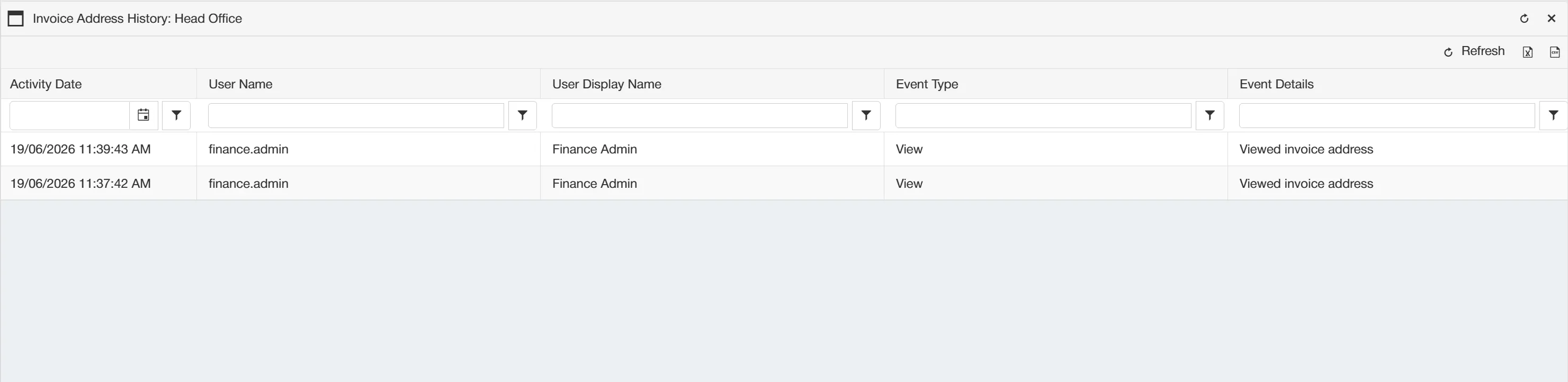 The Invoice Address History Grid contains key information relating to the address.