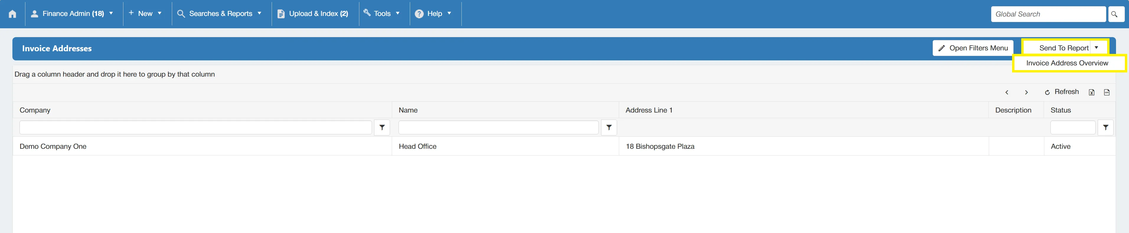 Selecting Invoice Address Overview will send the search results to a report.