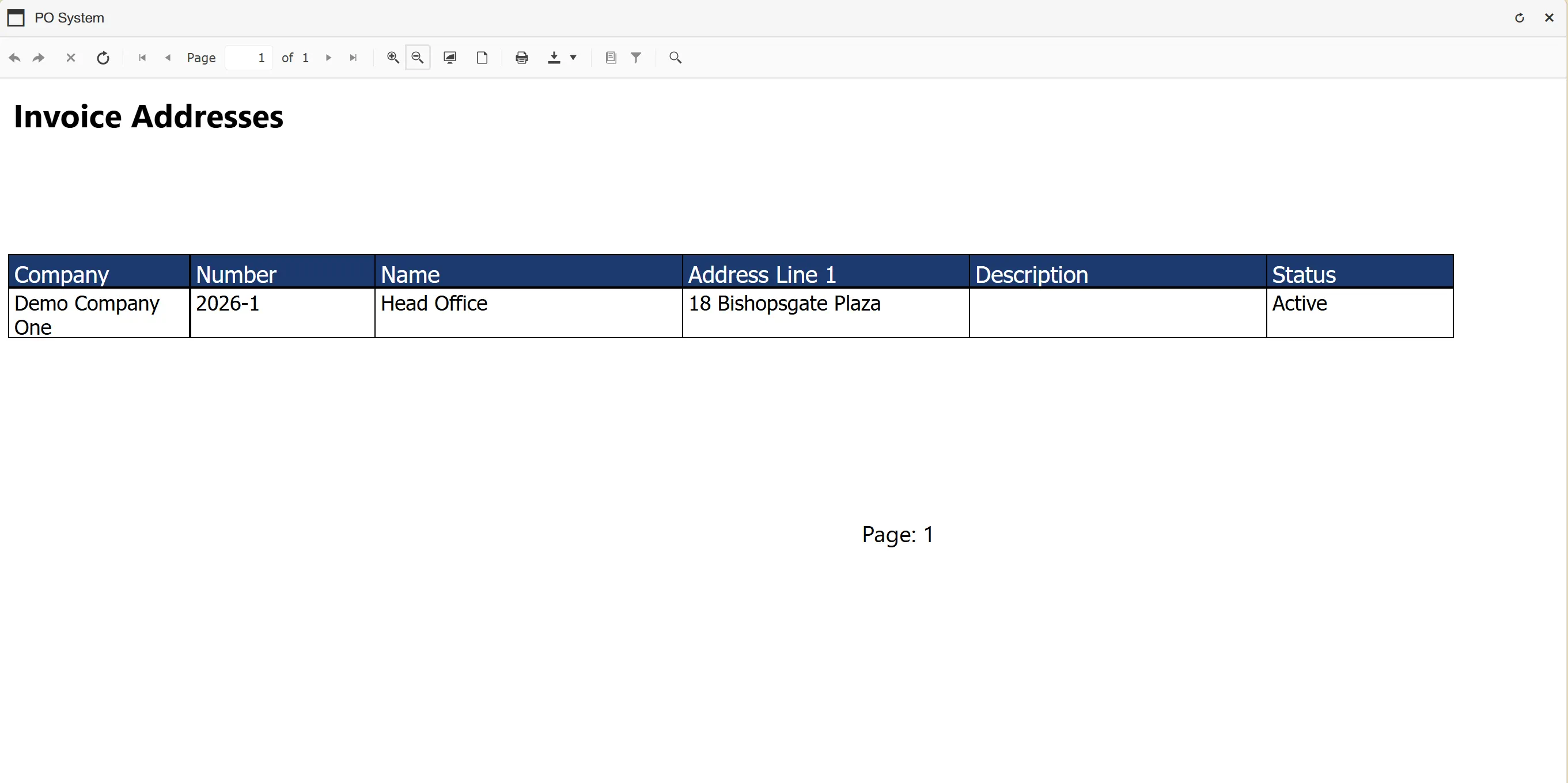 The invoice addresses report displays the addresses in a clear format.