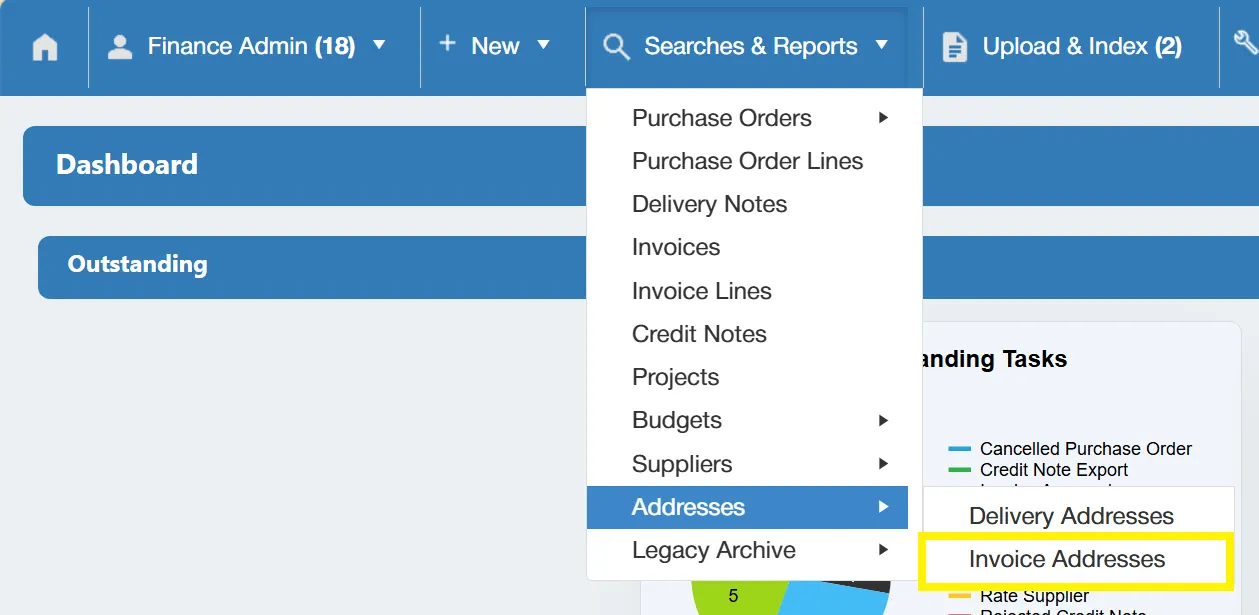 The PO system allows users to search for invoice addresses.