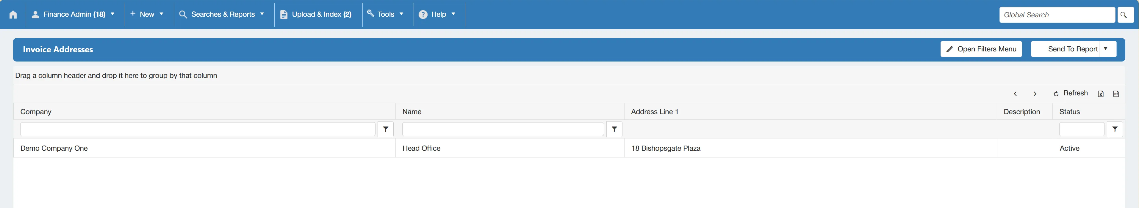 Invoice addresses are displayed in a search results grid consisting of columns.